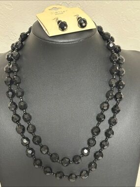 Es Mor Black Faceted Glass Beaded Double Strand Necklace & Earring Set
